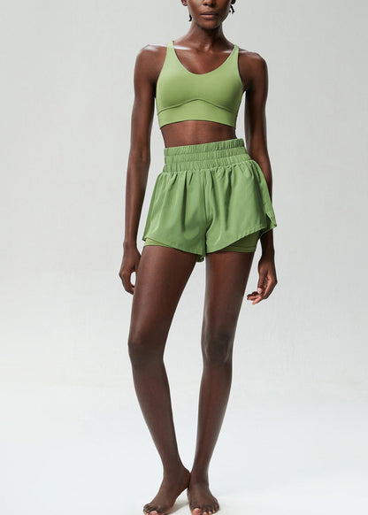 Chic Green Cross Strap Back Sports Bra High Waist Anti Exposure Shorts Two Piece Set