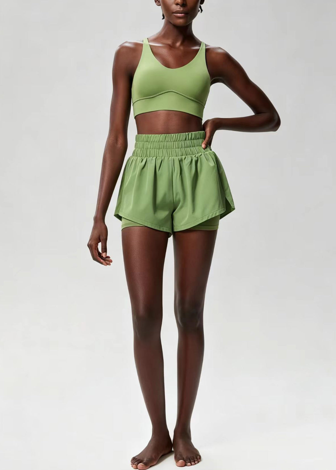 Chic Green Cross Strap Back Sports Bra High Waist Anti Exposure Shorts Two Piece Set
