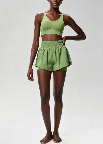 Chic Green Cross Strap Back Sports Bra High Waist Anti Exposure Shorts Two Piece Set