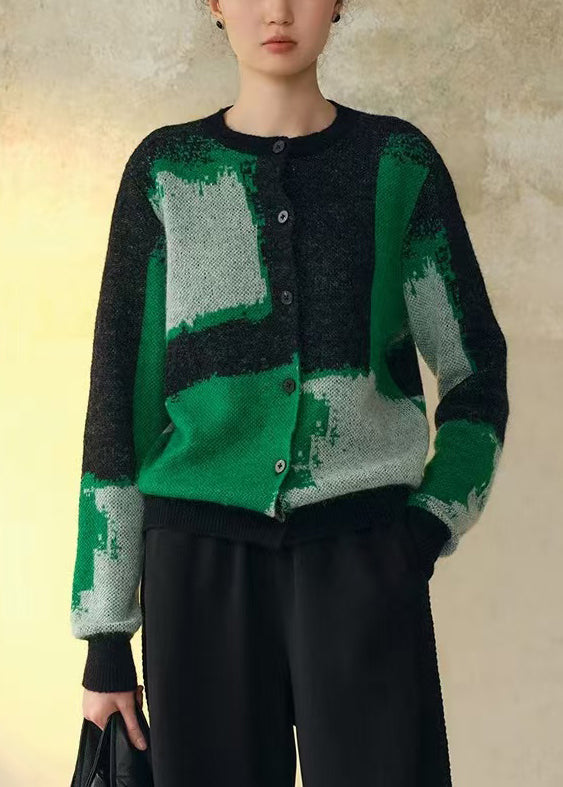 Chic Green Geometric Button Patchwork Woolen Knit Coat Fall