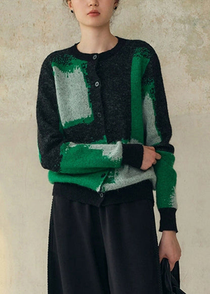 Chic Green Geometric Button Patchwork Woolen Knit Coat Fall