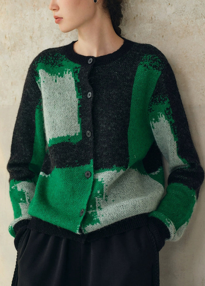 Chic Green Geometric Button Patchwork Woolen Knit Coat Fall
