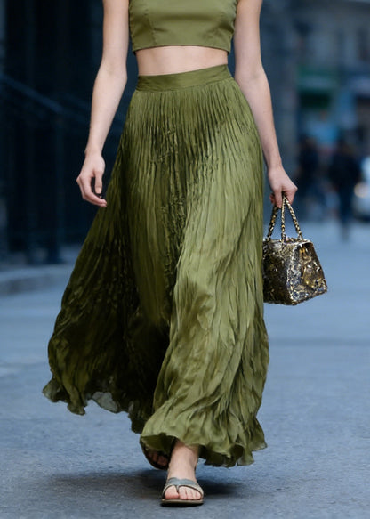 Chic Green High Waist Wrinkled Chiffon Skirts Spring
