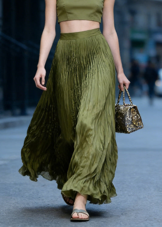 Chic Green High Waist Wrinkled Chiffon Skirts Spring