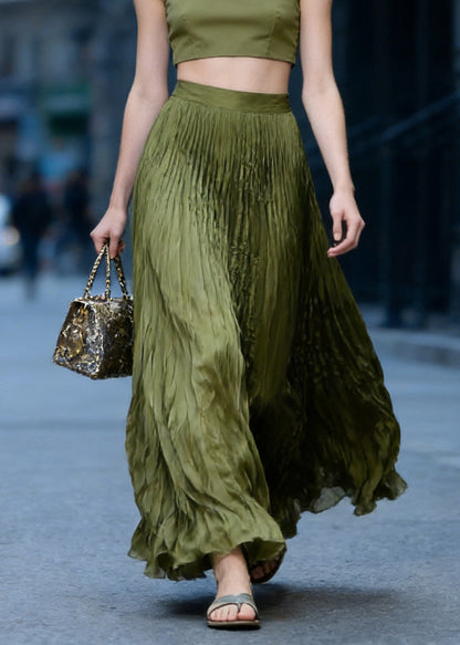 Chic Green High Waist Wrinkled Chiffon Skirts Spring