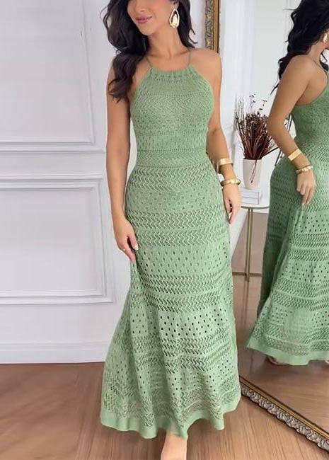 Chic Green Hollow Out Cold Waist Knit Holiday Dress Summer