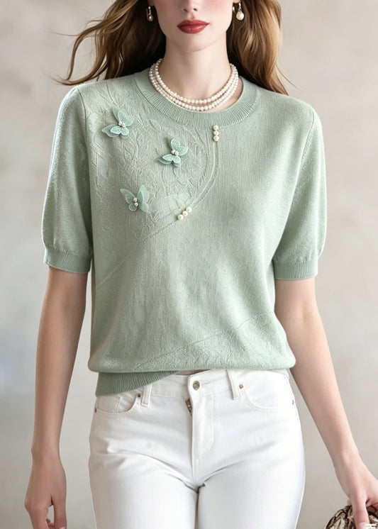 Chic Green Jacquard Butterfly Nail Bead Thin Knit Tops Summer