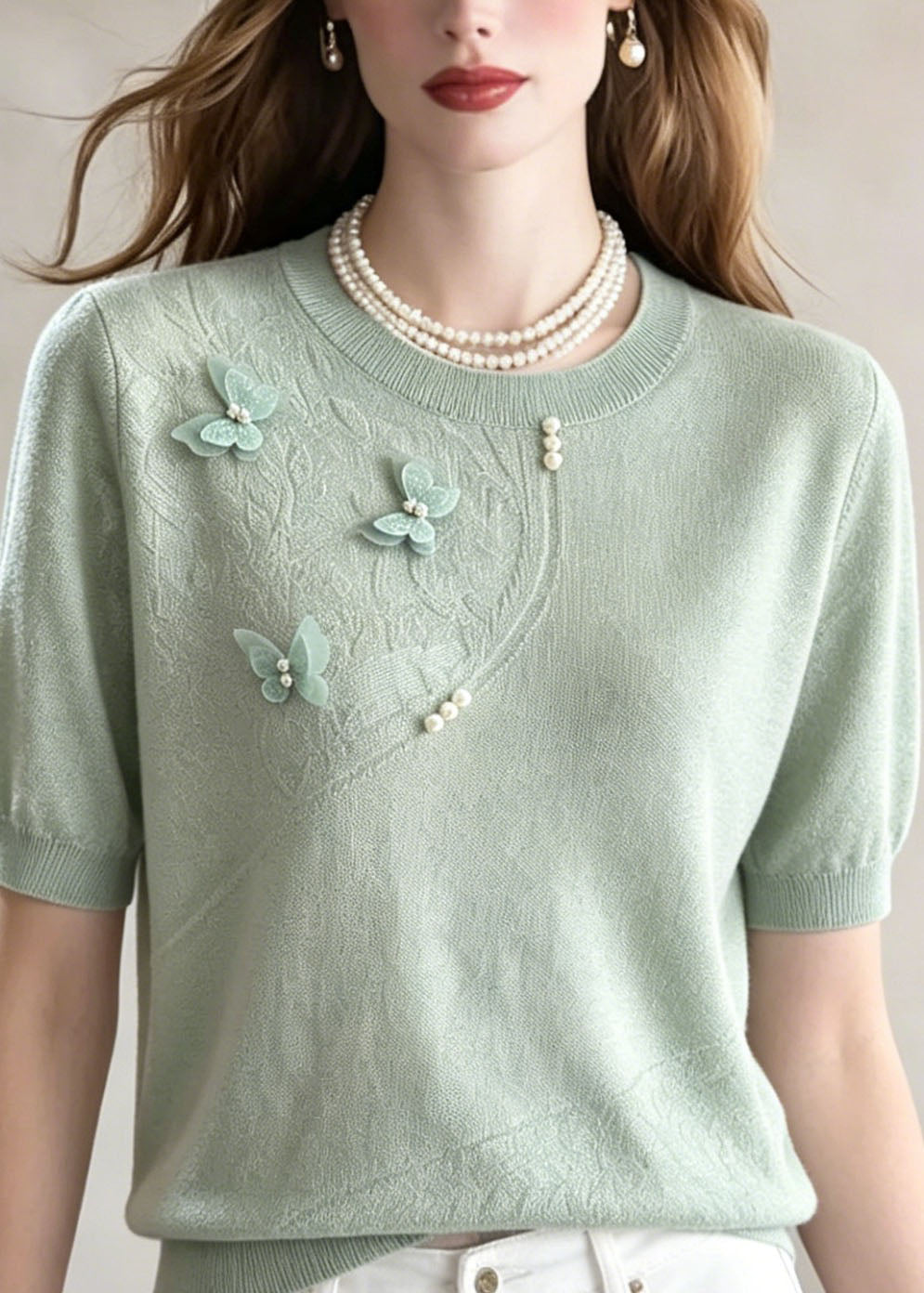 Chic Green Jacquard Butterfly Nail Bead Thin Knit Tops Summer