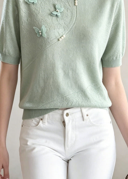 Chic Green Jacquard Butterfly Nail Bead Thin Knit Tops Summer