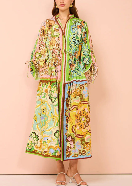 Chic Green Lace Up Print Pockets Cotton Shirts Dress Spring