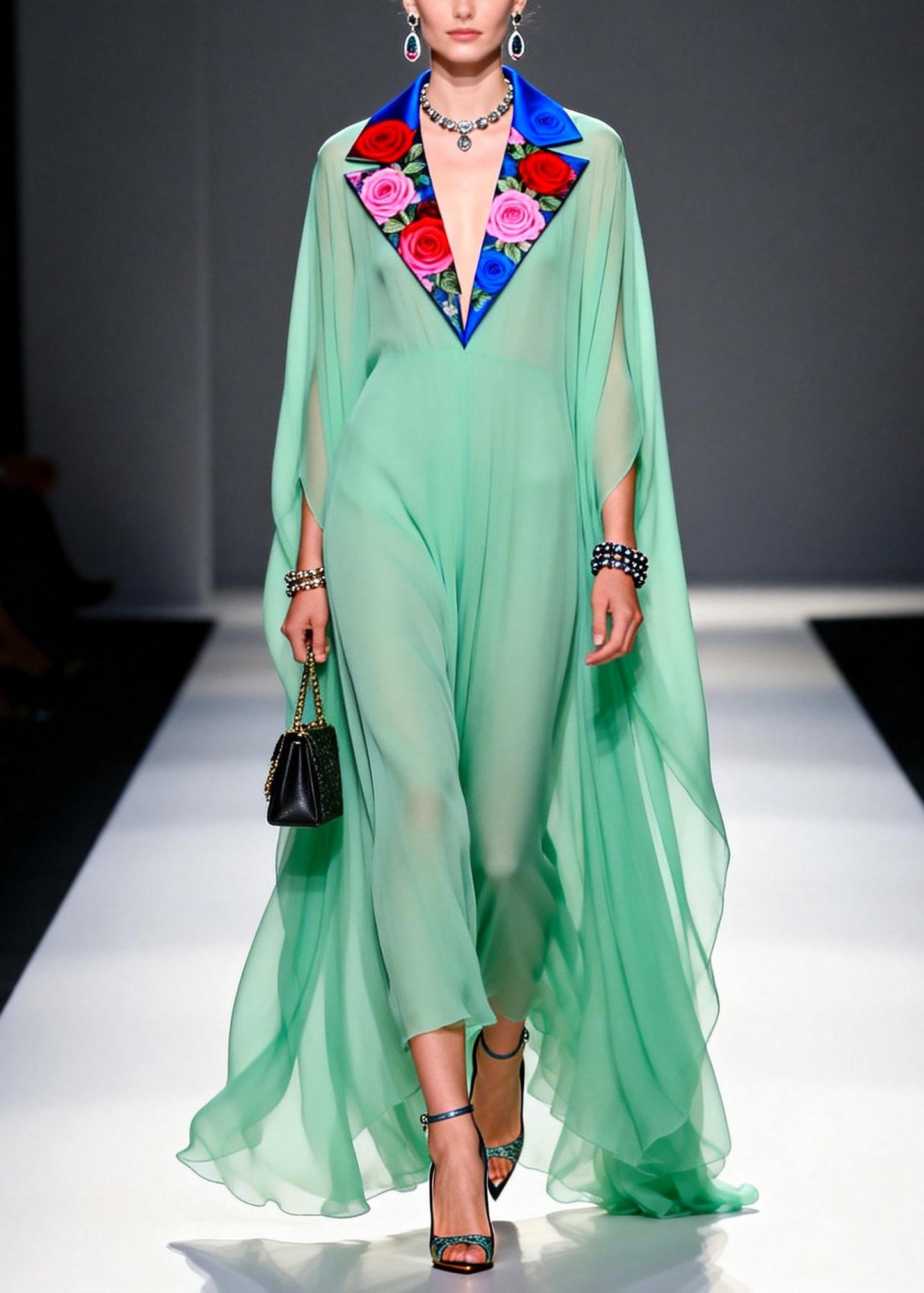 Chic Green Notched Patchwork Exra Large Hem Chiffon Dress Summer