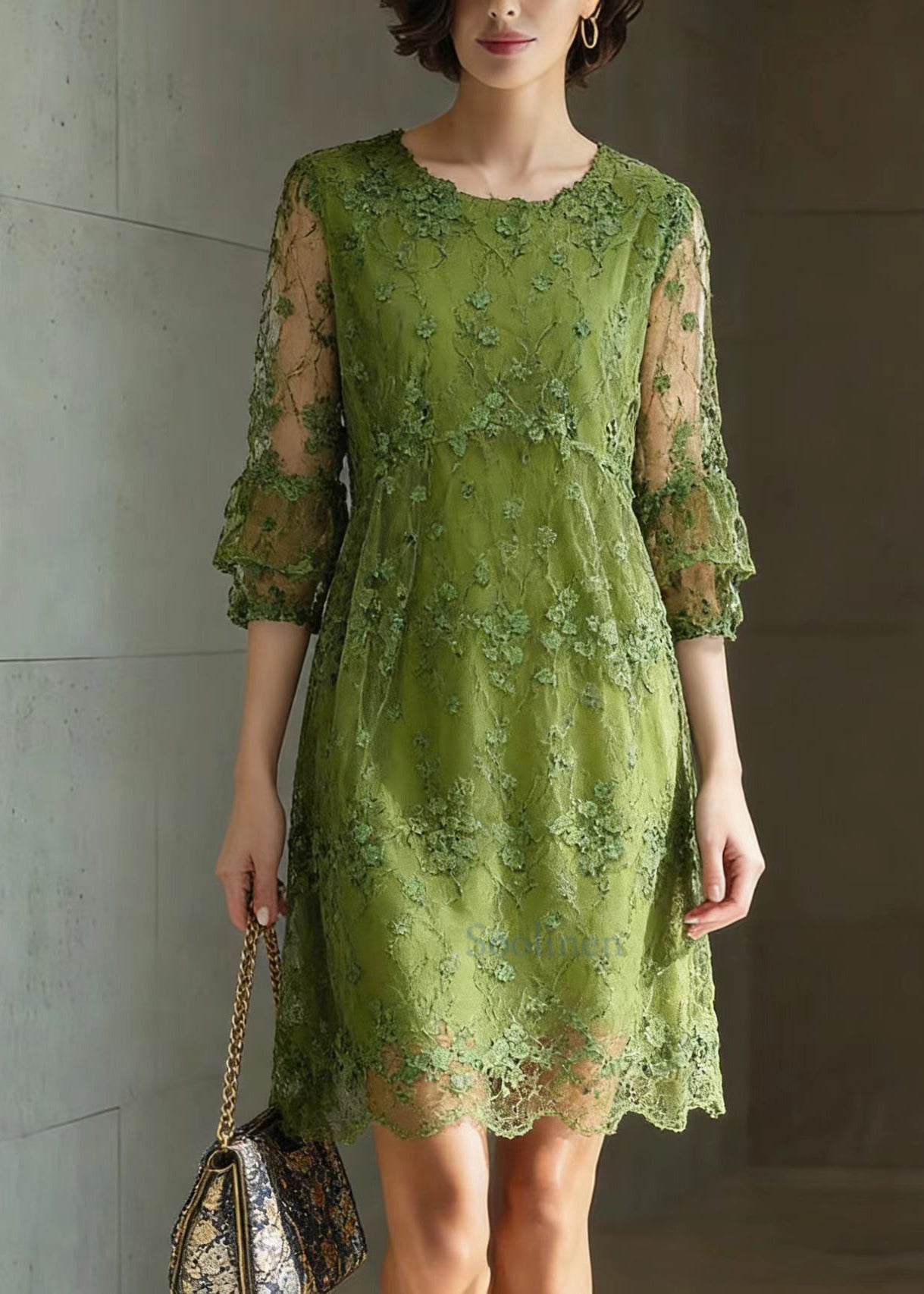Chic Green O Neck Embroidered Patchwork Tulle Mid Dress Summer