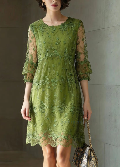 Chic Green O Neck Embroidered Patchwork Tulle Mid Dress Summer