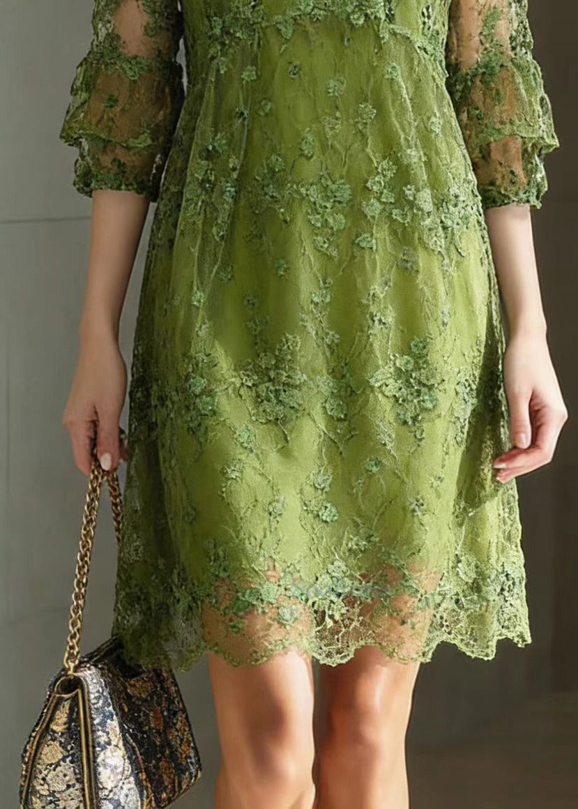 Chic Green O Neck Embroidered Patchwork Tulle Mid Dress Summer
