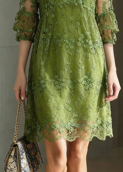 Chic Green O Neck Embroidered Patchwork Tulle Mid Dress Summer