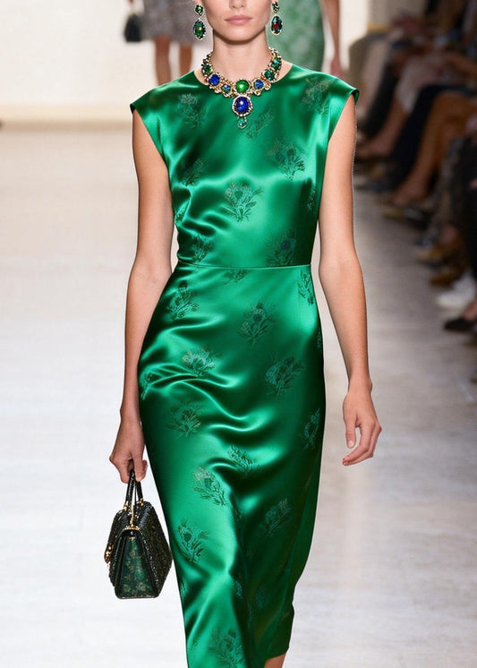 Chic Green O Neck Jacquard Silk Maxi Dresses Summer