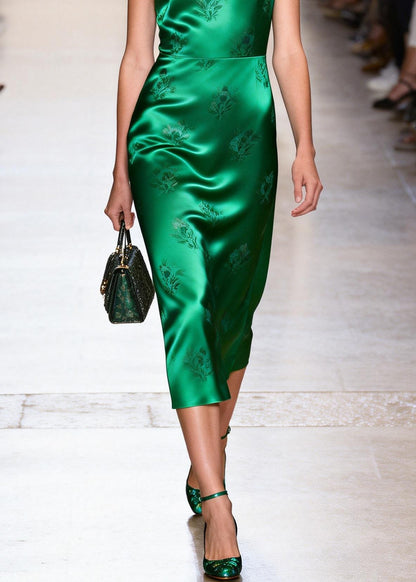 Chic Green O Neck Jacquard Silk Maxi Dresses Summer