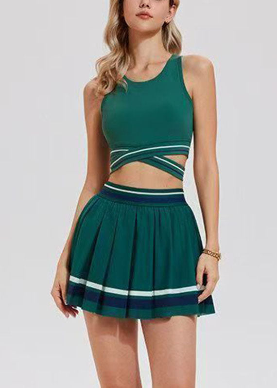 Chic Green O-Neck Tennis Sportswear Two-Piece Set Sleeveless