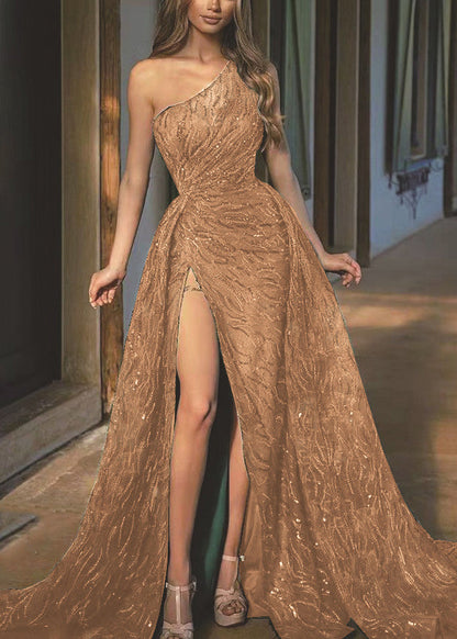 Chic Green One Shoulder Side Open Party Dress Sleeveless