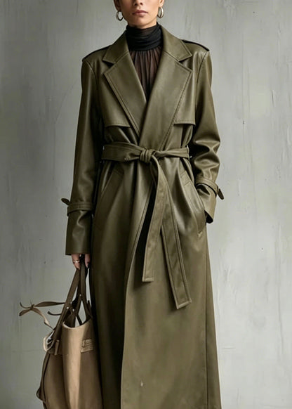 Chic Green Peter Pan Collar Pockets Faux Leather Trench Fall