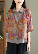 Load image into Gallery viewer, Chic Green Print False Two Pieces Linen Shirt Half Sleeve