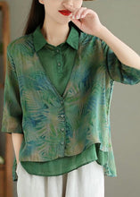 Load image into Gallery viewer, Chic Green Print False Two Pieces Linen Shirt Half Sleeve