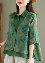 Load image into Gallery viewer, Chic Green Print False Two Pieces Linen Shirt Half Sleeve