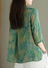 Load image into Gallery viewer, Chic Green Print False Two Pieces Linen Shirt Half Sleeve