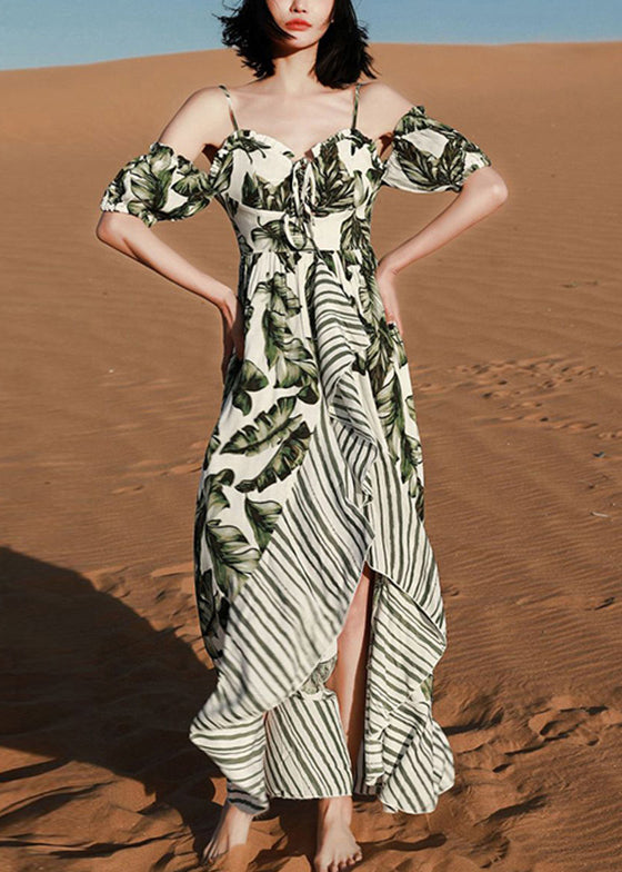 Chic Green Print Lace Up Patchwork Cotton Spaghetti Strap Dress Summer