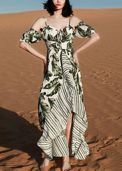 Chic Green Print Lace Up Patchwork Cotton Spaghetti Strap Dress Summer