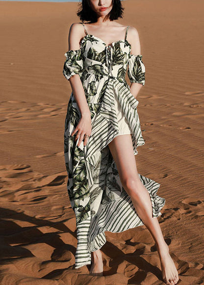 Chic Green Print Lace Up Patchwork Cotton Spaghetti Strap Dress Summer