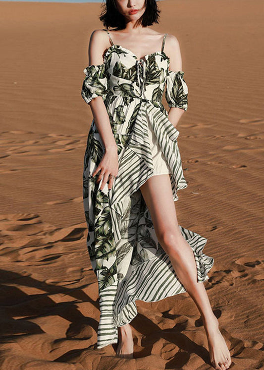 Chic Green Print Lace Up Patchwork Cotton Spaghetti Strap Dress Summer