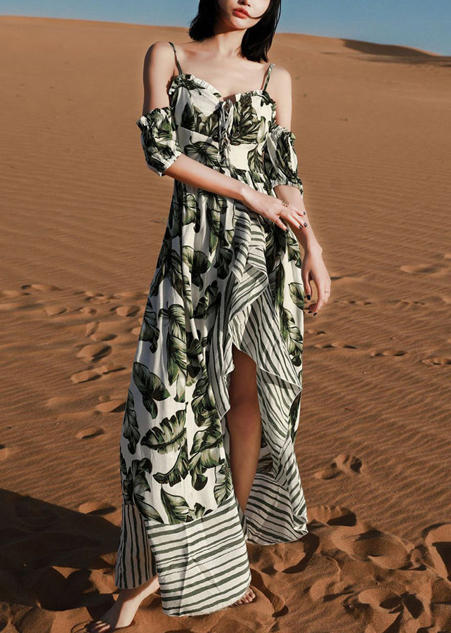 Chic Green Print Lace Up Patchwork Cotton Spaghetti Strap Dress Summer