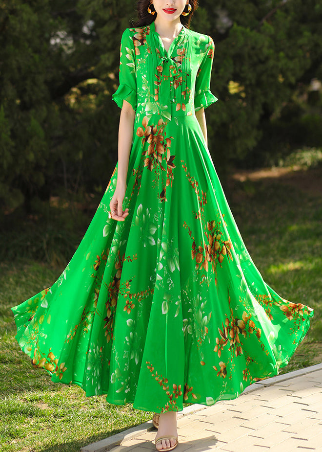 Chic Green Ruffled Print Chiffon Maxi Dresses Summer