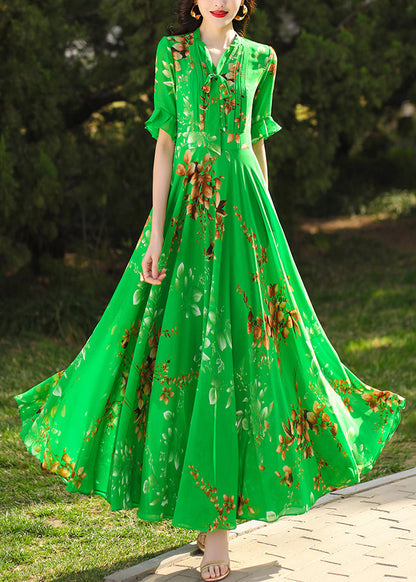 Chic Green Ruffled Print Chiffon Maxi Dresses Summer