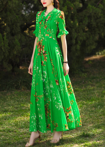 Chic Green Ruffled Print Chiffon Maxi Dresses Summer