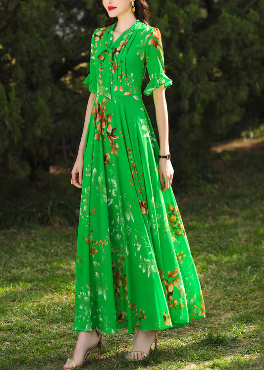 Chic Green Ruffled Print Chiffon Maxi Dresses Summer