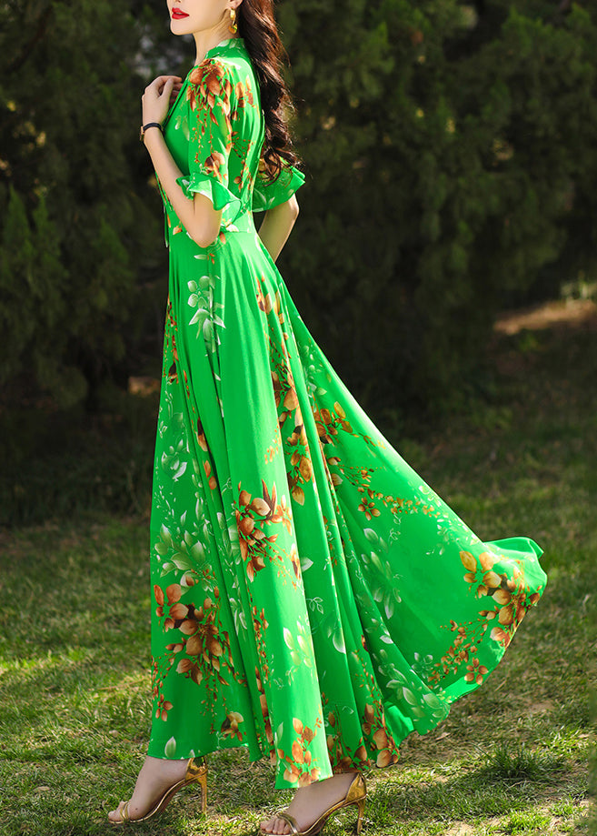 Chic Green Ruffled Print Chiffon Maxi Dresses Summer