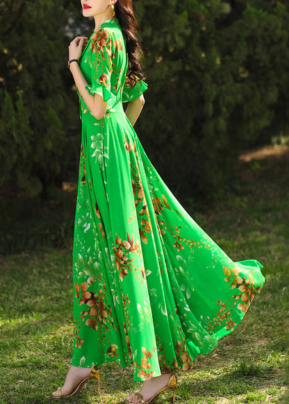Chic Green Ruffled Print Chiffon Maxi Dresses Summer