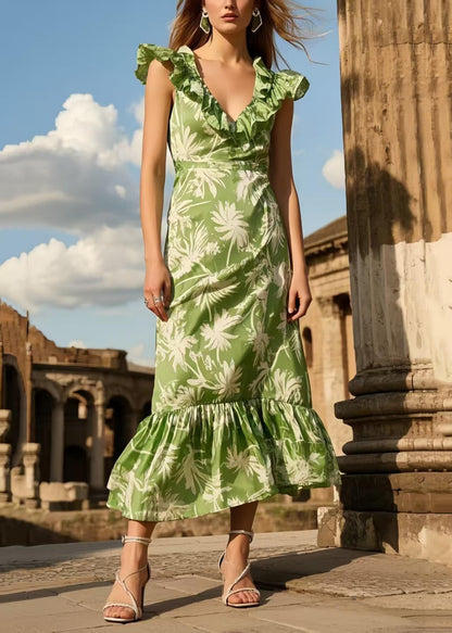 Chic Green Ruffled Print Silk Long Dresses Summer