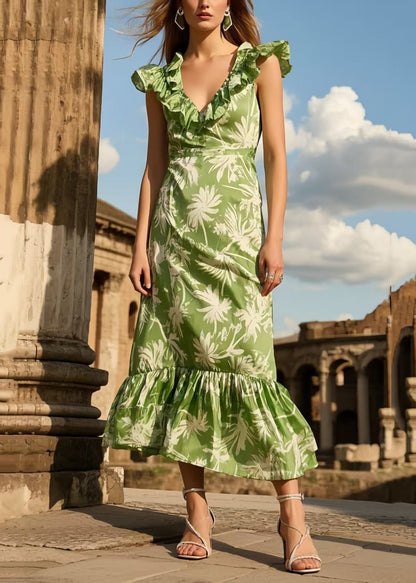 Chic Green Ruffled Print Silk Long Dresses Summer