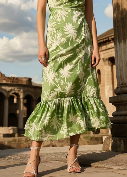 Chic Green Ruffled Print Silk Long Dresses Summer
