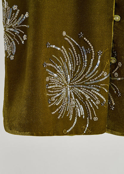 Chic Green Sequins Embroidered Silk Velvet Vest Fall