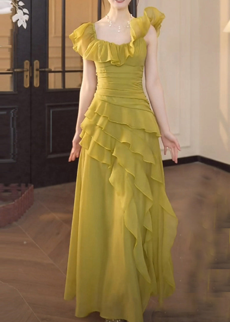 Chic Green Square Collar Ruffled Patchwork Chiffon Dress Summer