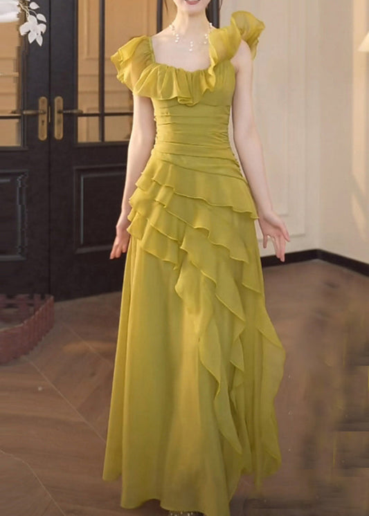 Chic Green Square Collar Ruffled Patchwork Chiffon Dress Summer