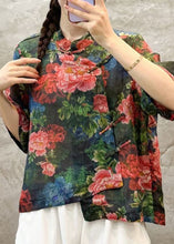 Load image into Gallery viewer, Chic Green Stand Collar Print Linen Shirt Summer