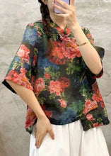 Load image into Gallery viewer, Chic Green Stand Collar Print Linen Shirt Summer