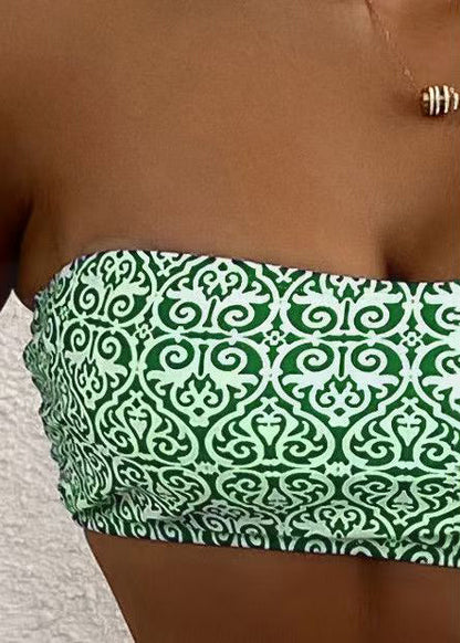 Chic Green Strapless Print Swimwear Set