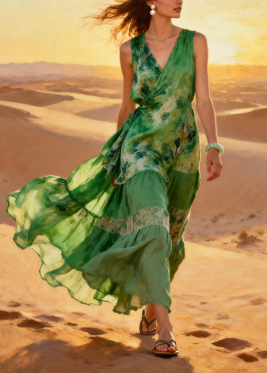 Chic Green Tie Dye Exra Large Hem Chiffon Holiday Dress Summer