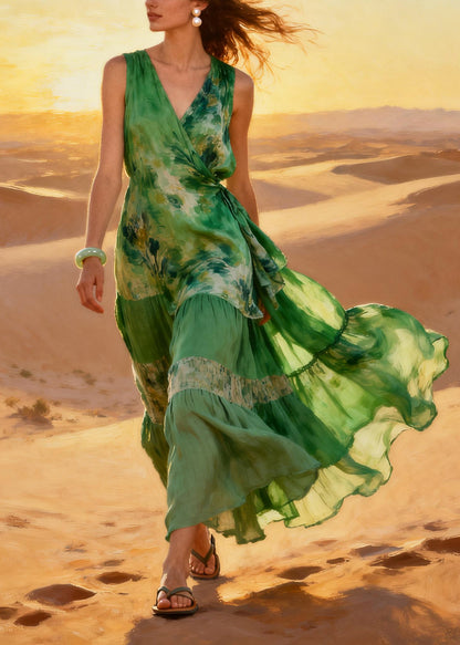 Chic Green Tie Dye Exra Large Hem Chiffon Holiday Dress Summer
